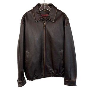 Vintage St. John's Bay Brown Leather Jacket Full Zip Quilted Liner Sz Med